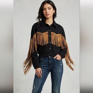 Morganwear Black Denim Western Fringe Festive Turquoise Buttoned Jacket Sz M